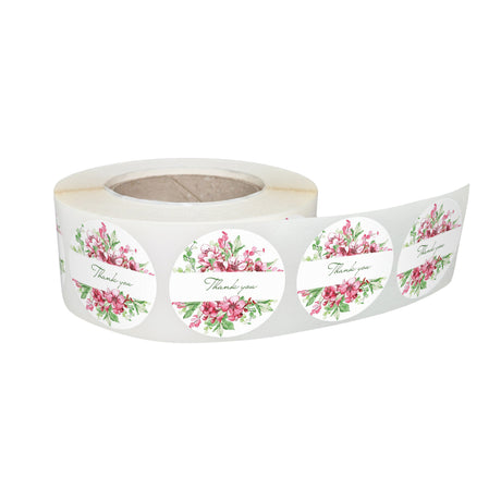Rola stickere decorative model Thank You Pink Flowers – etichete rotunde pentru pachete și cadouri