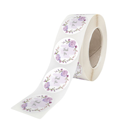 Rola stickere model Thank You Purple Flowers – stickere rotunde pentru ambalaje de sarbatori