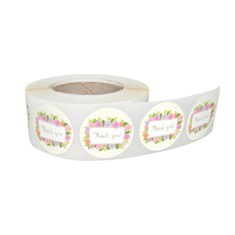 Rola stickere decorative model Thank You Spring Flower Frame – etichete rotunde pentru pachete și cadouri
