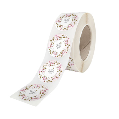Rola stickere model Thank You Vintage Blossom – stickere rotunde pentru ambalaje de sarbatori