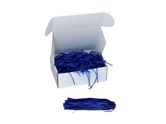 Umplutură din hârtie de mătase albastru expusă într-o cutie cadou albă
