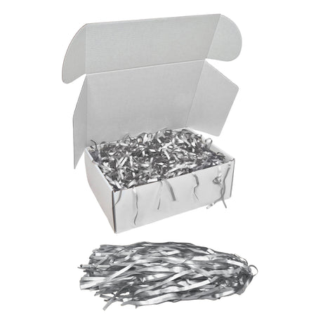 Umplutură din hârtie de mătase silver expusă într-o cutie cadou albă