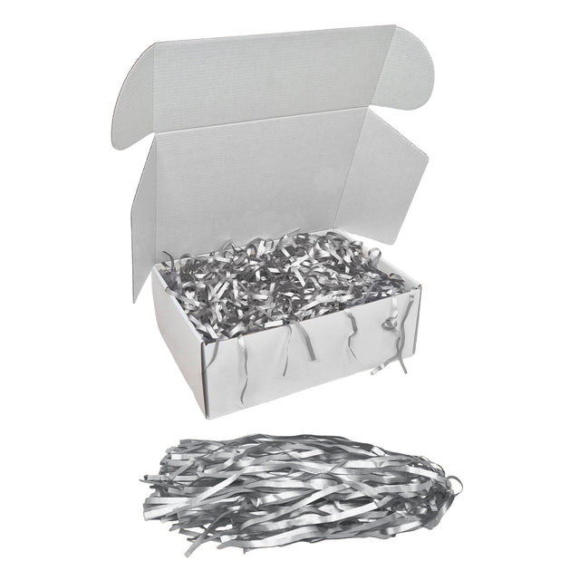 Umplutură din hârtie de mătase silver expusă într-o cutie cadou albă