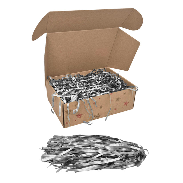 Umplutură din hârtie de mătase silver expusă într-o cutie cadou natur